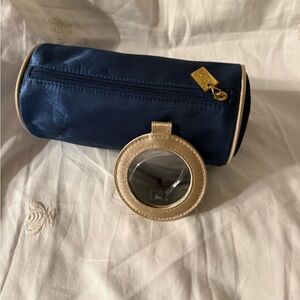 Christian Dior vintage vanity pouch makeup case w/ circle mirror blue&gold